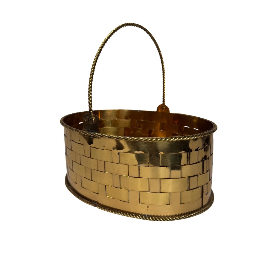 Vintage Hampton Brass Woven Oval Basket Gold Tone Rope Trim Made in India